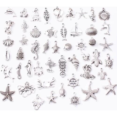 Marine animal 50pcs Tibetan Silver Mixed Styles Charms Pendants DIY Jewelry for Necklace Bracelet Making Accessaries js2231