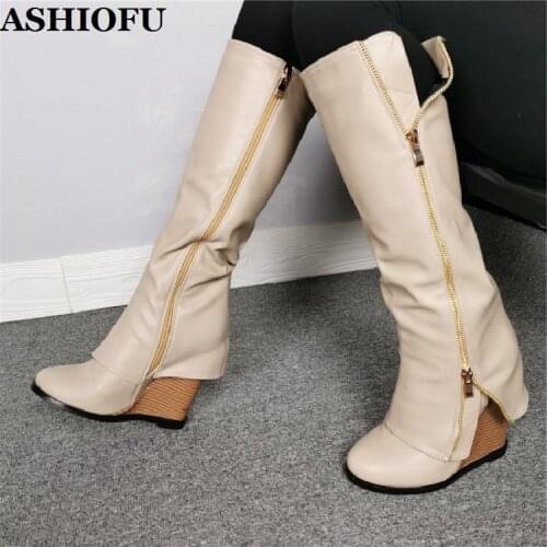 ASHIOFU New Hot Style Handmade Women Wadge Heel Boots Sexy Party Prom Knee Boots Large Size Evening Winter Fashion Boots Shoes