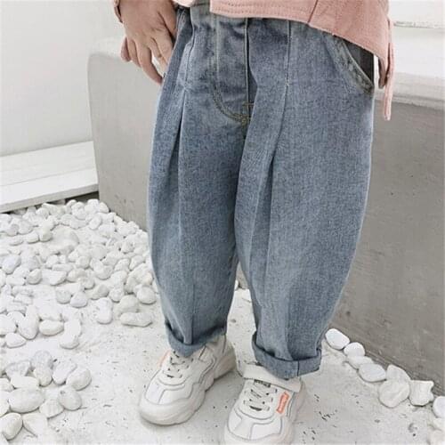 Boys and Girls Pants Pleated Washed Jeans Pants 20 Autumn New Childrens Clothing