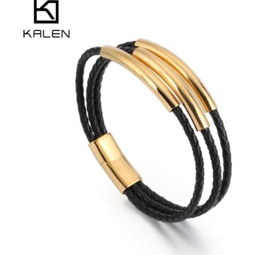KALEN Three Layer Cowhide Leather Bracelet For Men Women 20.5cm Stainless Steel Gold Male Pulsera Jewellry