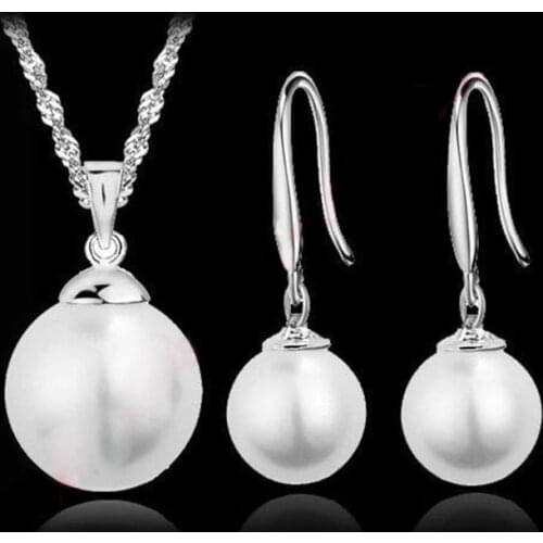 Classic Bridal Jewely Set Good Quality 925 Sterling Silver Freshwater Pearl Pendant Necklace Earring Women Party Gift