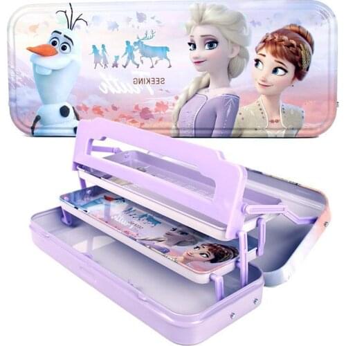 Disney stationery box cartoon three-layer tinplate with reading bookshelf cute frozen storage box school supplies gift