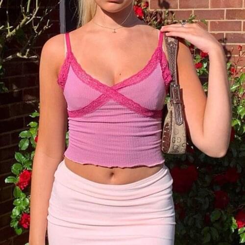 Lace Y2k Crop Tops For Women Pink E Girl Sexy Camisole Bodycon Sleeveless 90s Aesthetic Tops Cyber Y2k Streetwear