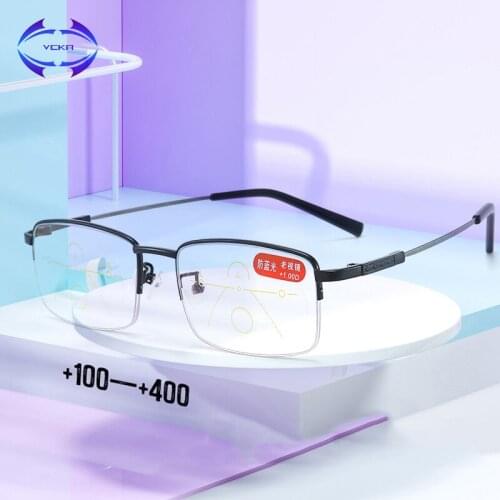 VCKA Square Anti-Blu-Ray Reading Glasses Ultra Light Half Rim Multifocal Mens Womens Retro Prescription Glasses +100 To +400