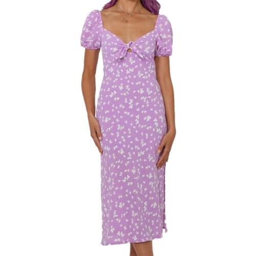 Summer 2021 Elegant Floral Print A-Line Dress Women Square Collar Lace Up Split Midi Dresses Casual Party Female Vestidos