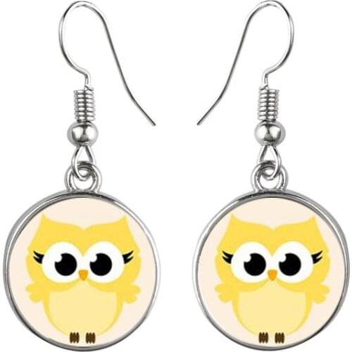 Kawaii Cute Owl Glass Cabochon Drop Earrings Cartoon Bird HooK Hanging Earings For Women Fashion Jewelry 2021