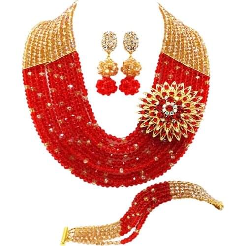 Fashion Gold AB and Red African Beads Jewelry Set Nigerian Wedding Necklace Earrings Party Jewelry Sets 10SZ06