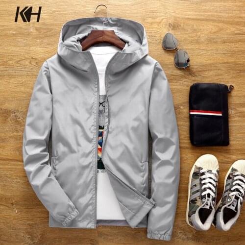 KH Mens Spring and Autumn Hooded Casual Jacket Man Solid Color Windbreaker Coat Male Outwear Jaqueta Masculina Plus Size S~7XL