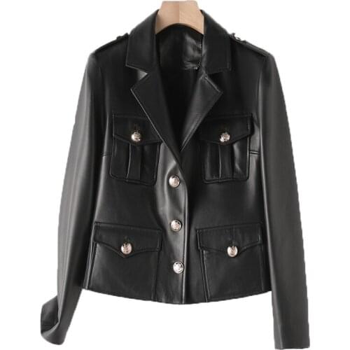 New 2021 Arrival Women Coat Spring And Autumn Short Clothes Safari Style Imports Sheepskin Jacket Multiple Pockets