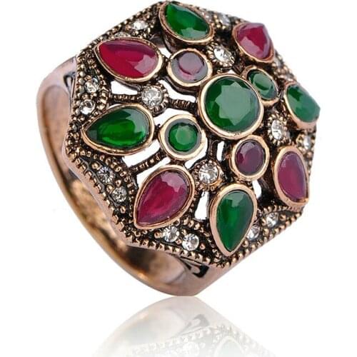 OI Vintage Turkish Turkey Style Round Green Wide Big Ring Antique Gold Color Resin Women Wedding Party Accessories Bijoux