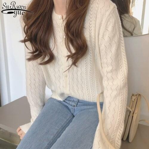 2021 Autumn Clothes Women Cardigan Long Sleeve Sweet sweater Women Soft Hollow O-neck Thin Sweater Female Cardigan 10919