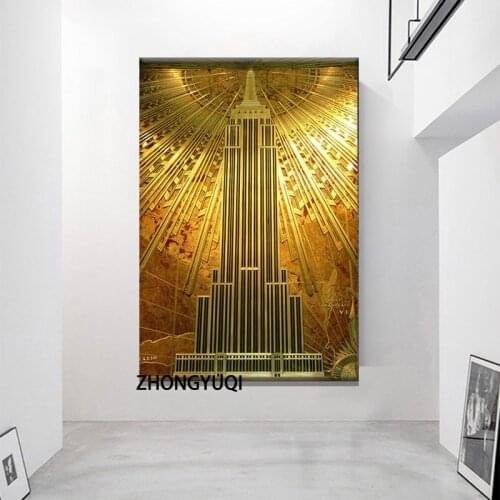 Gold Empire State Building Canvas Painting Posters and Prints Wall Art Pictures for Living Room Home Decoration Cuadrosframed