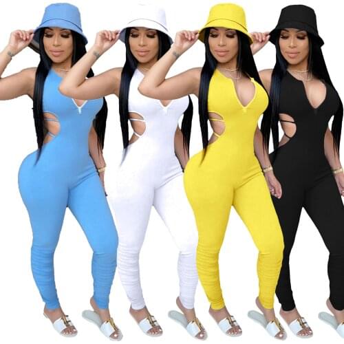 Sexy Backless Bodycon Jumpsuit Women Hollow Out Female Rompers Evening Party Club Elastic Skinny Fitnees Sporting Bodysuit