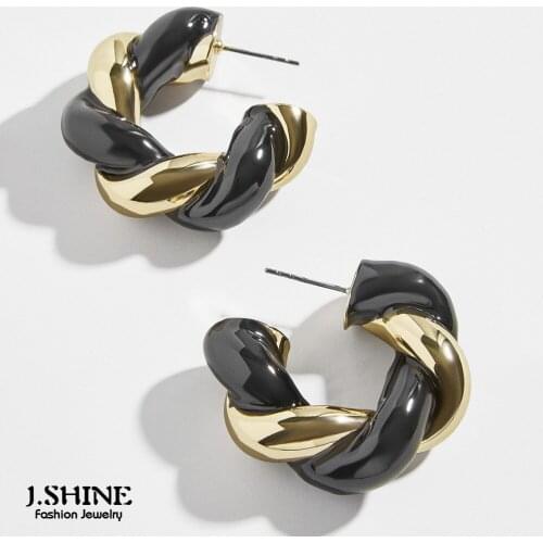 JShine 2021 INS Style Exaggerated Twist Black and White Enameled Metal Hoop Earrings Thick Smooth C-Shaped Earrings Jewelry