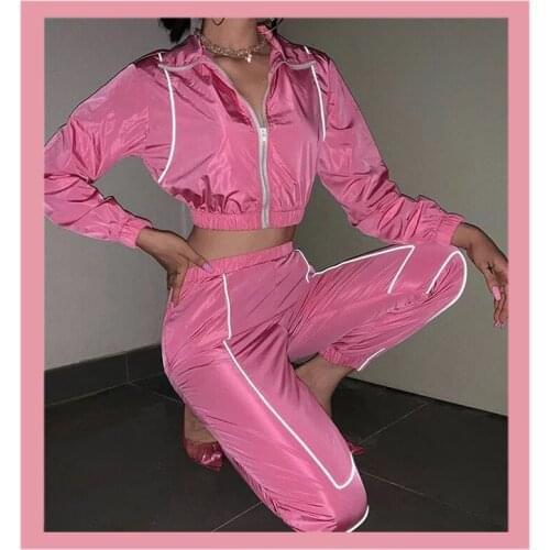 Women Pink Sexy Reflective Tracksuit Nightclub Running Sets Long Sleeve Crop Tops Casual Pants Two Pieces Sport Jogging Suits