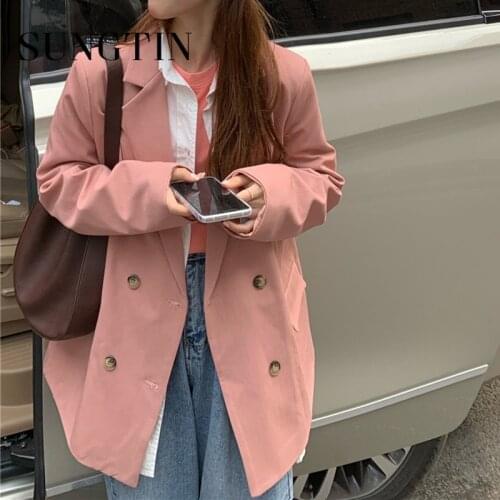 Sungtin Korea Oversized Blazer Jacket for Women Casual Double Breasted Blazer Female Pink Office Lady Blazers Spring Autumn Chic