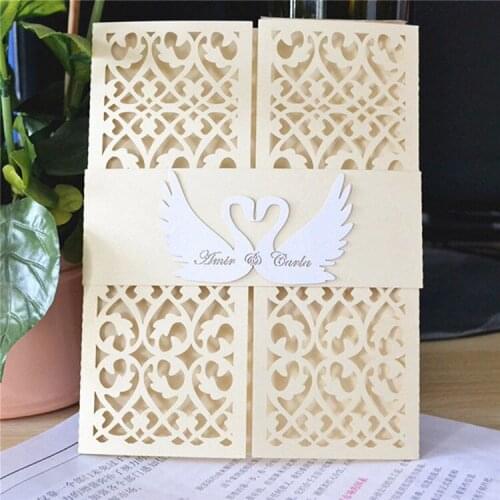 Laser cut unique luxurious swan design lace creative light gold wedding invitation card
