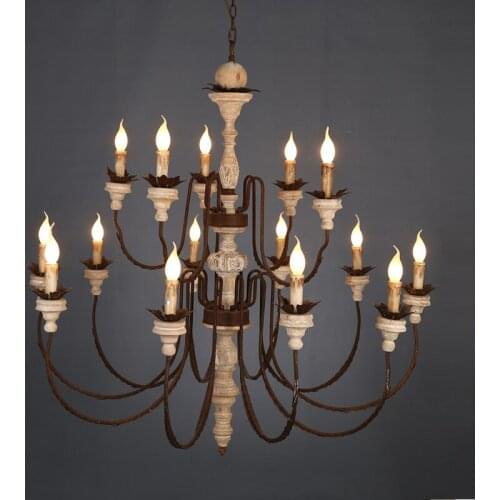 American style wood carving vintage iron chandelier E14 heads LED lamp bedroom living room clothing cafe store Home lighting G18