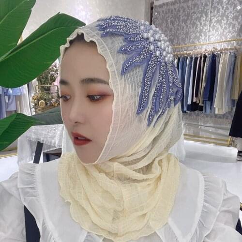 High Quality Shiny Women Beauty Floral Beaded Shawls Scarf Arab Islamic Dubai Muslim Female Fashion Beading Hijab Soft Head Wrap