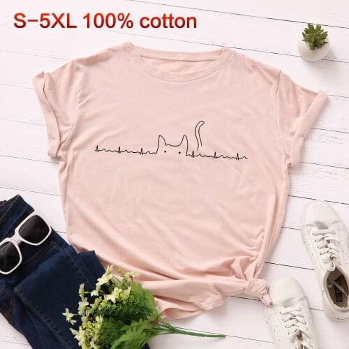 Plus Size S-5XL Lovely Cat Print T Shirt Women 100% Cotton O Neck Short Sleeve Summer T-Shirt Tops Casual Tshirt Women Shirts