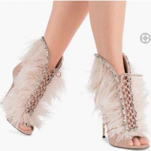 Sexy Sandal Women 2021 Summer Drill Feather Stage Show High Heels Sandals Thin Heels Gladiator Sandalias Genuine Leather Lace-up