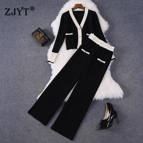 Autumn Winter Knitted Suit Women Elegant Color Block V Neck Cardigans Top Pants Two Piece Set Casual Female Office Outfits
