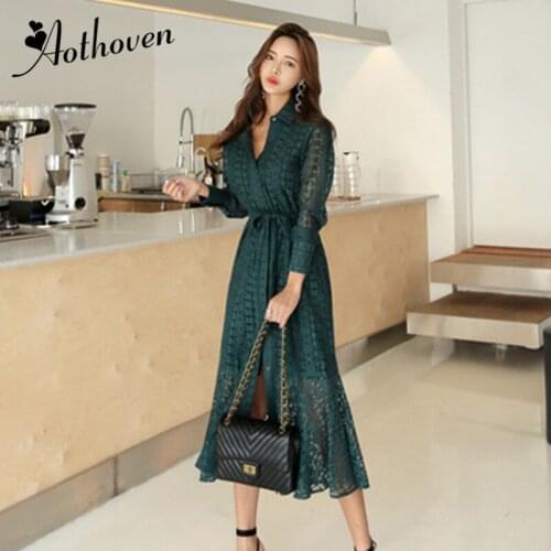 2020 Spring Womens Long Dress Turn-down Collar Full Sleeve Office Bandage Party Dress Vintage Vestidos Ladies Lace Shirt Dresses