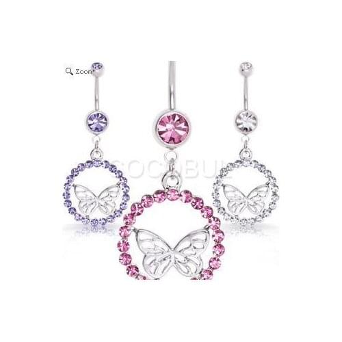 New Arrive Belly Dance Butterfly Belly Bar with Gem 316L Surgical Steel Navel Bell Button Ring for Women Girl 12pcs/lot