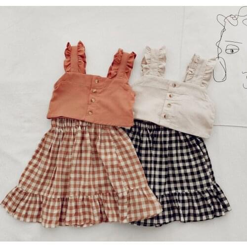 2Pcs/Set Girl T-Shirt Skirt Top Sleeveless Breathable Casual Girls Lacework Strap Top Plaid Skirt Childrens Set for Outdoor