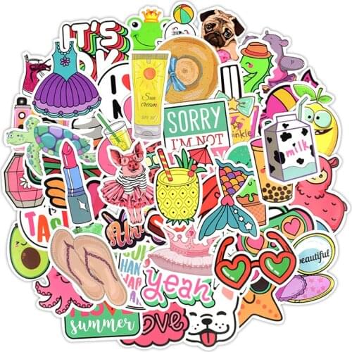 50 PCS Anime Girl Beach Style Wall Stickers Cute Animal Decor Window Refrigerator Switch Panel Water Bottle Sticker Decoration