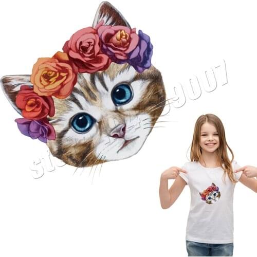 Flower Cat Applique Stickers New Washable T-Shirt Decoration Heat Transfer Badges Diy Accessory Iron-On Transfers Animal 351