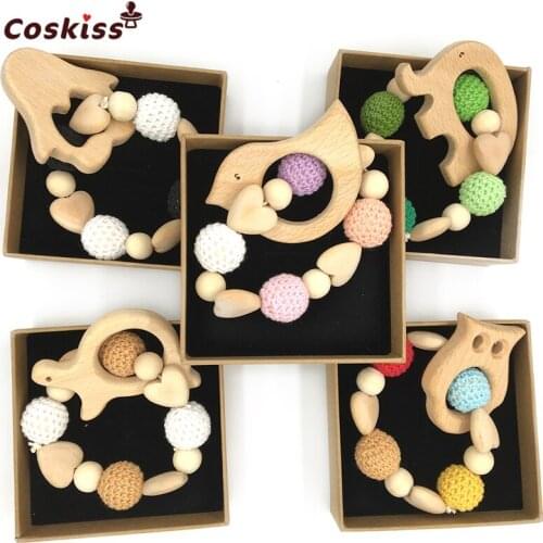 Baby Teether Wooden Heart Crochet Beads Bird Elephant Penguin Owl Tortoise Teething Shower Dummy Chain Baby Teether Bracelet