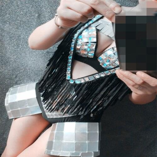 EC22 Ballroom dance singer costumes sexy silver mirror skirt dj dresses disco bikini bra party models performance wears clothes