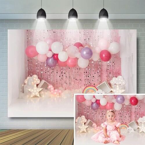 Kids Portrait Backdrops Pink Ballooon Baby Birthday Cake Smash Party Rainbow Decoration Sliver Stars Cloud Background for Studio