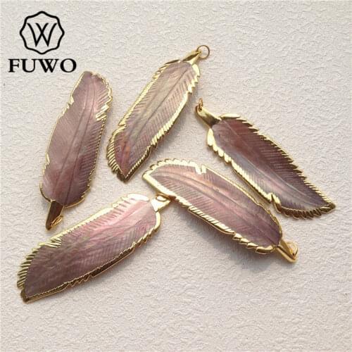 FUWO Wholesale Natural Shell Feather Pendant With 24K Gold Electroplate Edge Sea Shells Hand Carved Jewelry For Women PD502