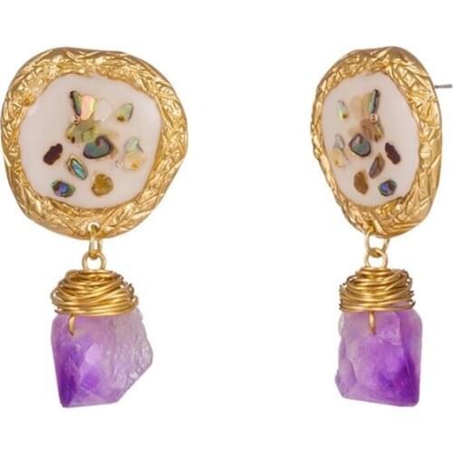 FYSL Light Yellow Gold Color Irregular Shape Amethysts Stone Stud Earrings for Women with Pearls Jewelry