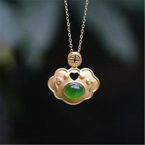 Exquisite Chinese Xiang Yun Ru Yi Lock Necklace Gold Plated Green Crystal Gems Necklace Anniversary Birthday Gifts Women Jewelry