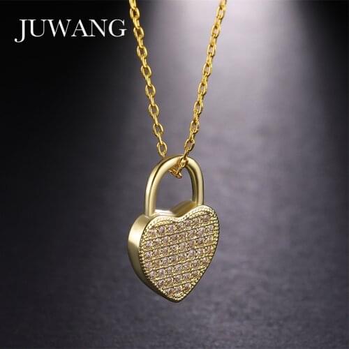 JUWANG Heart Lock CZ Pendant & Necklace for Woman Girl Cubic Zirconia Rose Gold/Gold Sliver Color Chain Jewelry Gift Wholesale