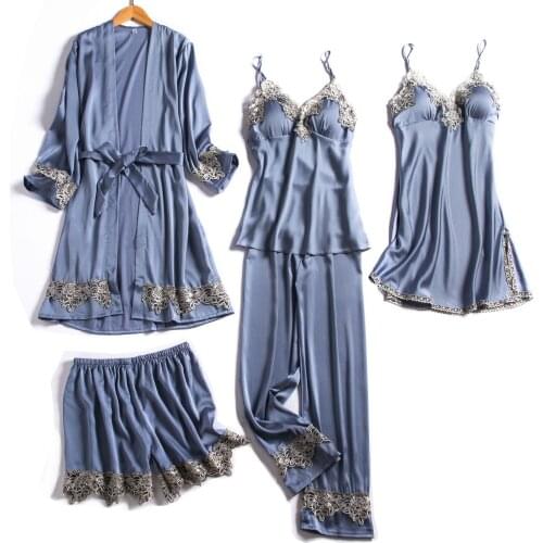 5 Pieces Lace Satin Sleepwear Summer Women Pajamas Sets Female Pijama Suits Sleep Lounge Pyjama with Chest Pads