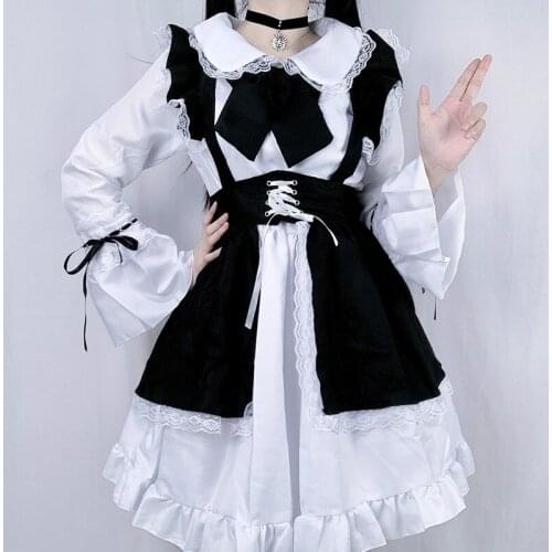 Lovely Women Maid Outfit Anime Long Dress Black White Apron Dress Girl Lolita Dresses Men Cafe Cosplay Costume Горничная Mucama