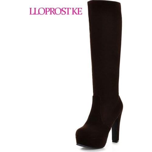 LLOPROST KE Women Winter Boots Knee High Boots Zipper Round Toe Thin High Solid Boots Fashion High Boots Botas Size 32-45 MY092