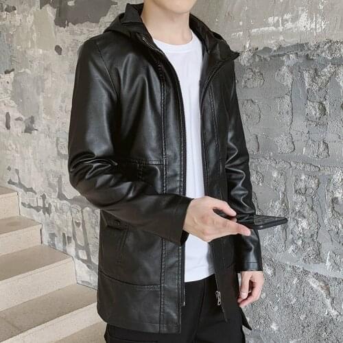 Mens Windbreaker Hooded Oversized Jacket Black Motorcycle Jacket Faux Leather Jacket Boys Hooded Moto Biker Jacket Male Coat 4xl