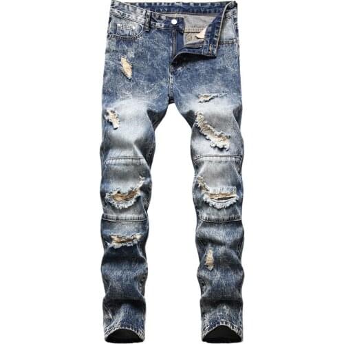 Mens Ripped Denim Jeans Casual Holes Distressed Cotton Slim Straight Pants Vintage Retro Trousers