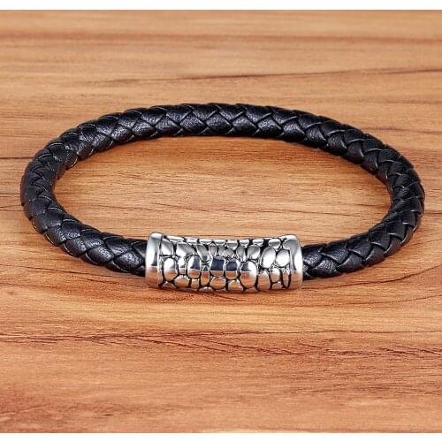 TYO Personality Multiple Styles 19/21CM Adjustable Black Color Irregular Veins Stainless Steel Genuine Leather Bracelet For Men