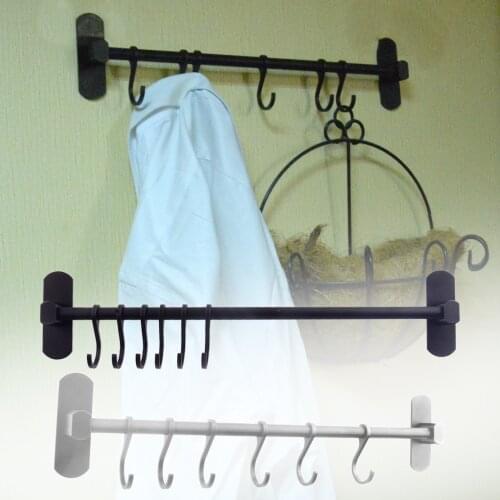Kitchen Bathroom Rail Wall Mounted Utensil Holder Storage Hanging Rack 6 Hooks 40cm Length Black/Silver