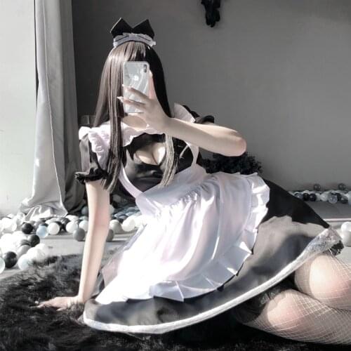 New Sexy Cute Lace Up Black and White Maid Dress Role Play Costume Transparent Chiffon Cosplay Anime Uniform Mesh Suit