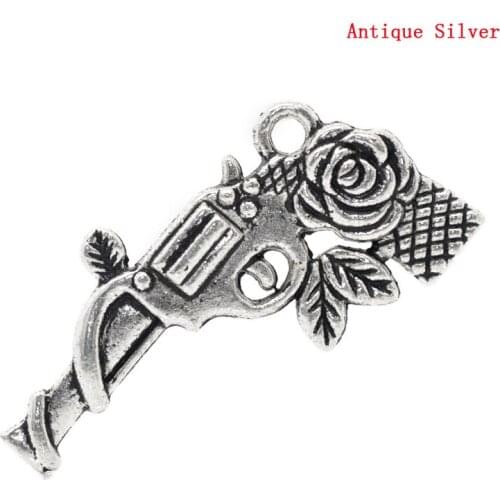 Lovely Charm Pendants Gun Revolver Silver Color Flower Pattern 33x16mm,20PCs (B22726)