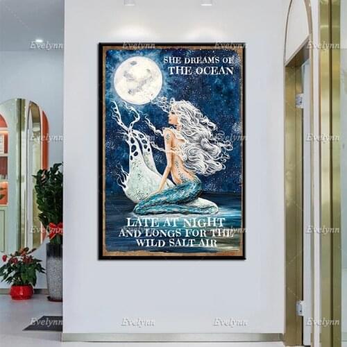 Mermaid Poster-She Dreams Of The Ocean Late At Night And Longs ForThe Wild Salt Air,Stay Wild Moon Child Prints,Wall Art Canvas