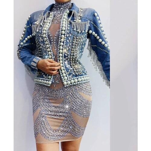 Silver Rhinestones Dress Pearls Rivet Denim Jacket Women Singer Dancer Dress Bar Birthday Outfit Evening Prom Dress DWY3261
