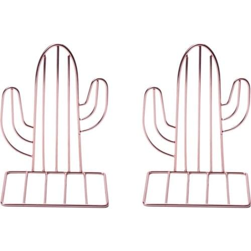 New 2PCS/Pair Creative Cactus Shaped Metal Bookends Book Support Stand Desk Organizer Storage Holder Shelf-Rose Gold